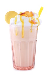 Photo of Tasty peach milk shake in glass on white background