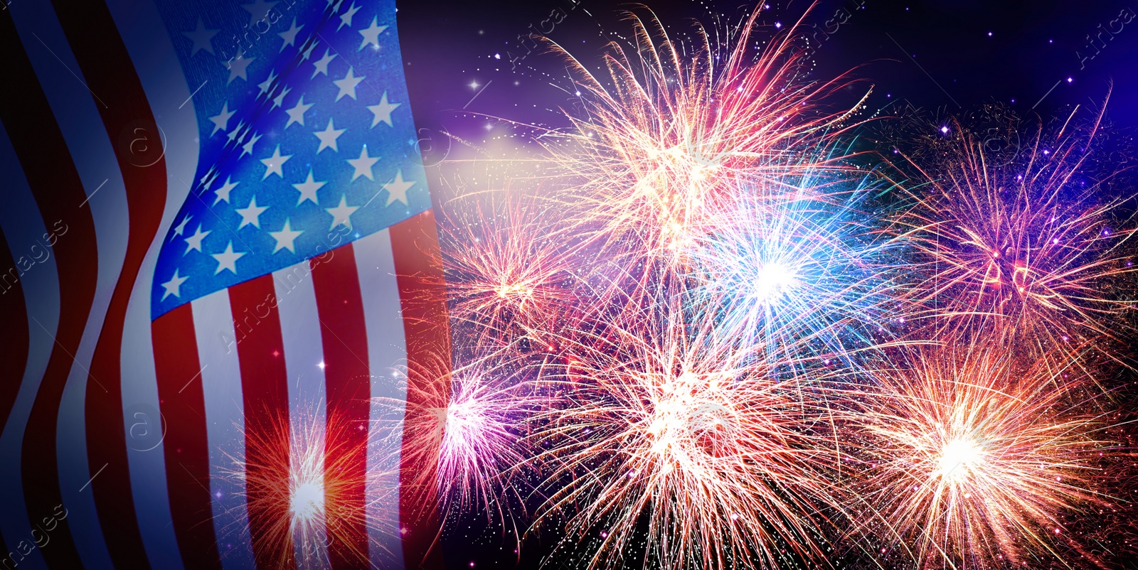 Image of American flag and fireworks, banner design. Independence Day of USA