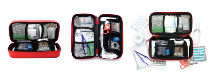 Image of Collage with first aid kit on white background, top and side views