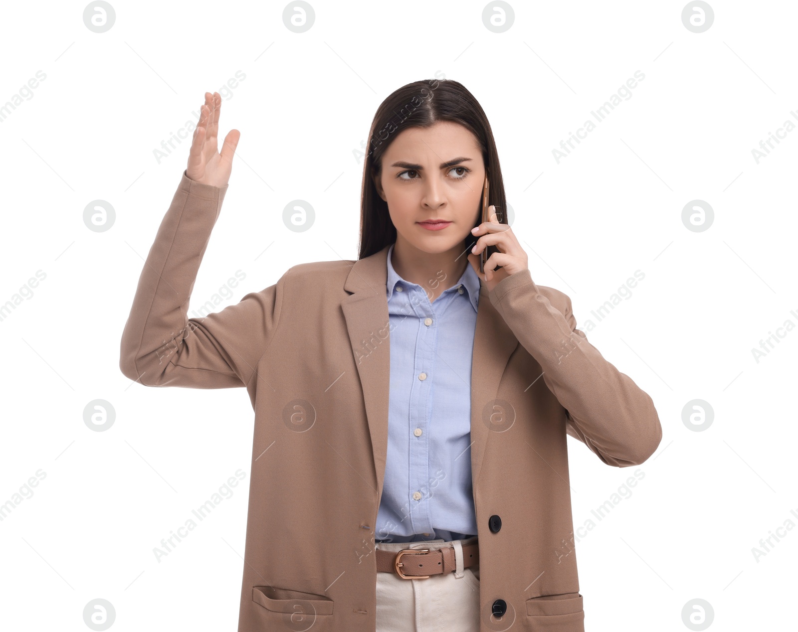 Photo of Beautiful businesswoman talking on smartphone against white background