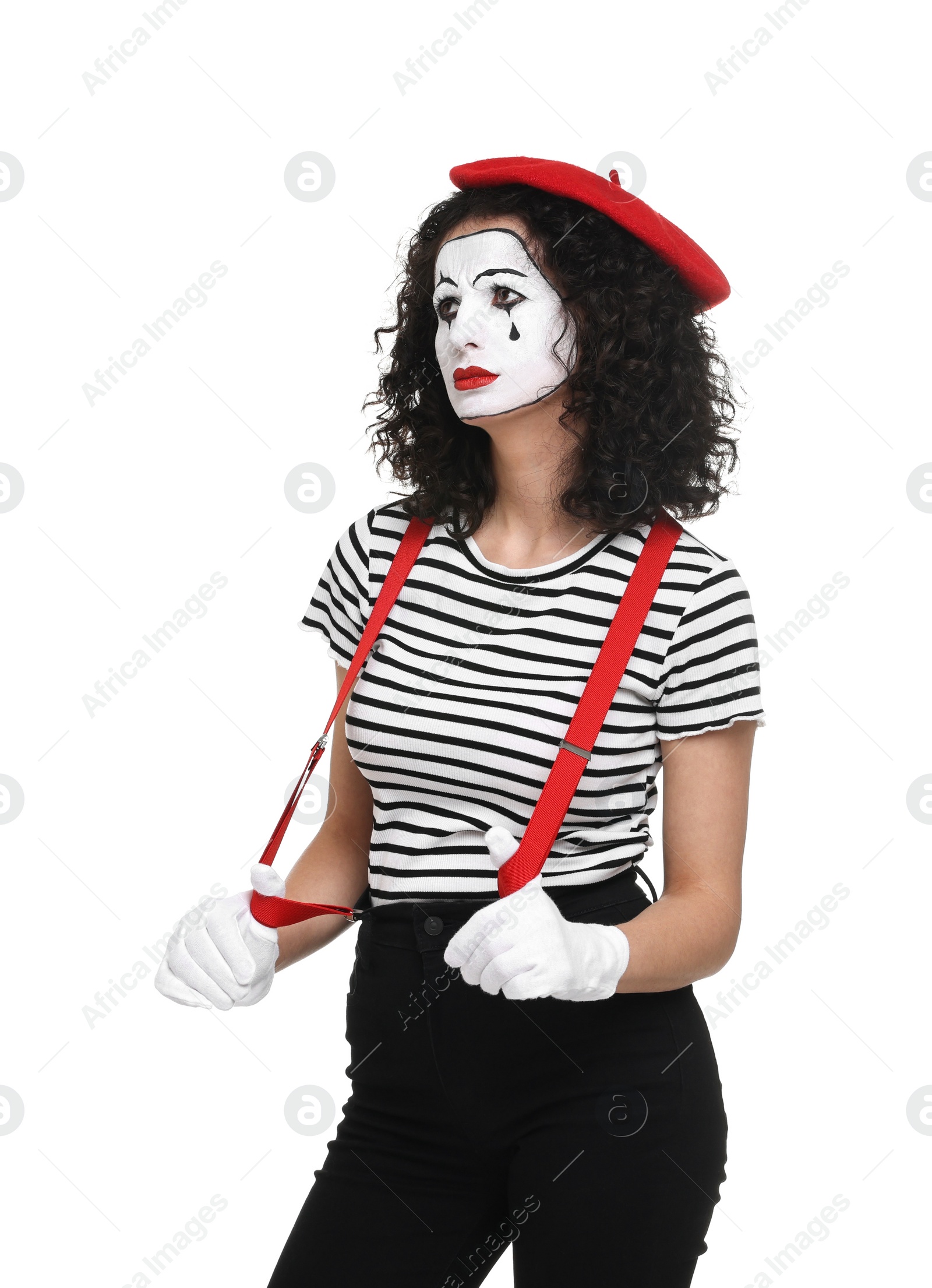 Photo of Sad mine with beret posing on white background