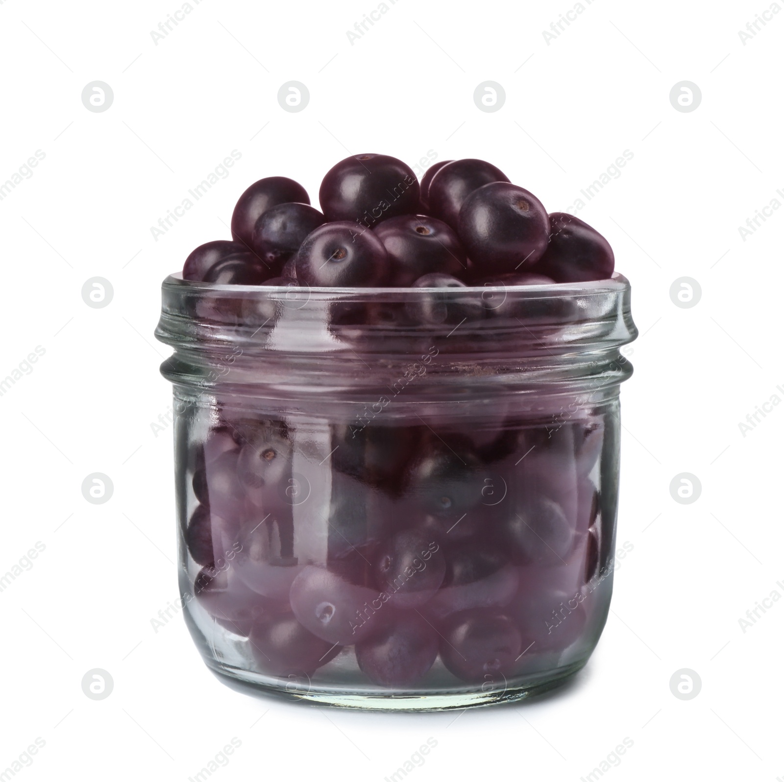 Photo of Fresh acai berries in glass jar isolated on white