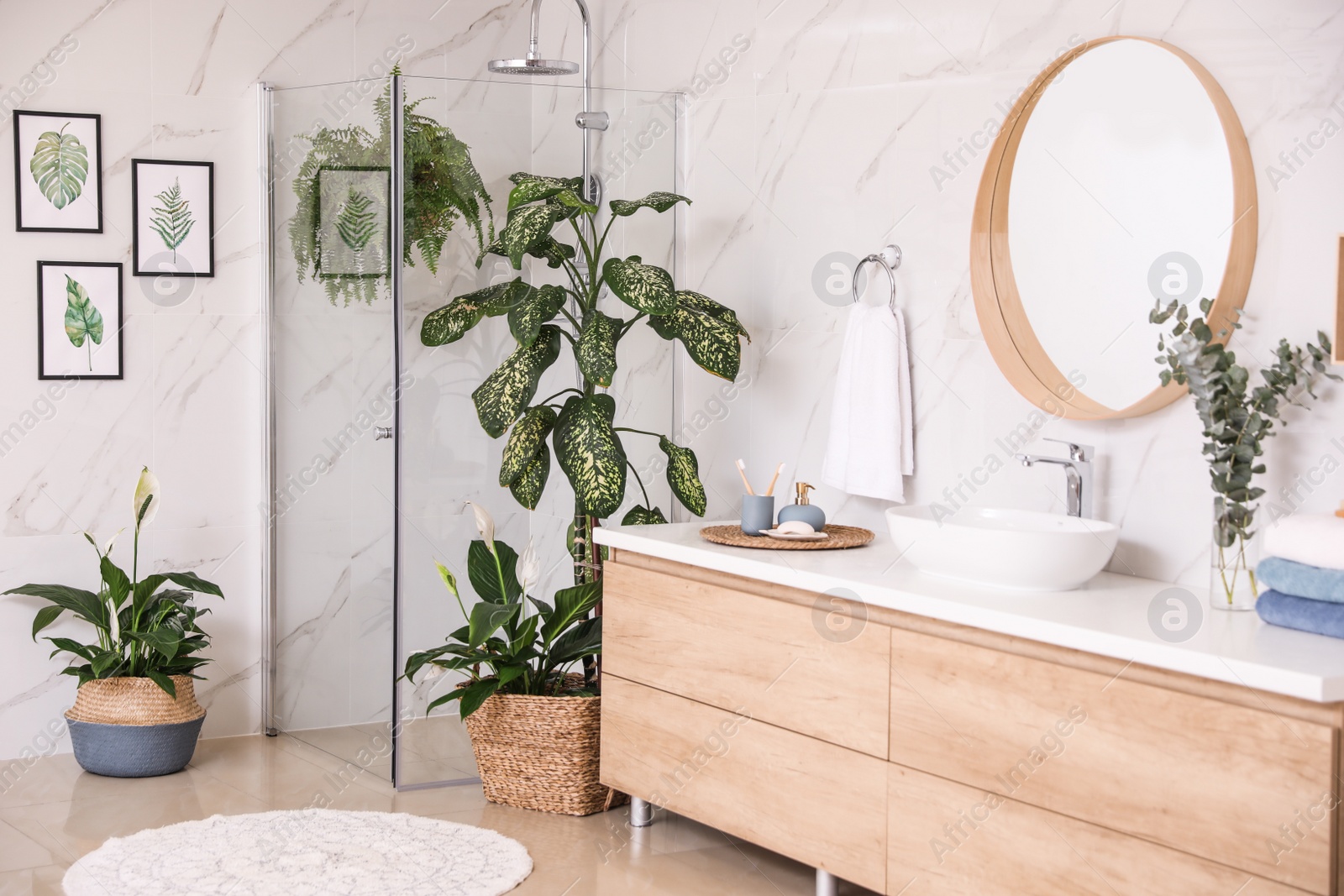 Photo of Green plants in elegant modern bathroom. Interior design