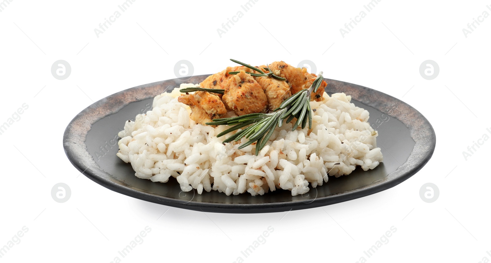 Photo of Delicious risotto with chicken isolated on white