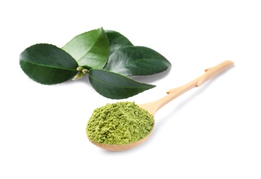 Photo of Spoon with powdered matcha tea and leaves on white background