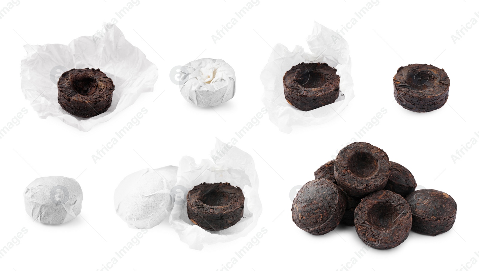 Image of Set with cake shaped traditional Chinese pu-erh tea isolated on white