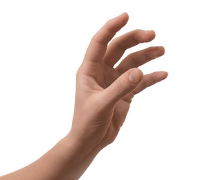 Photo of Woman holding something in hand on white background, closeup