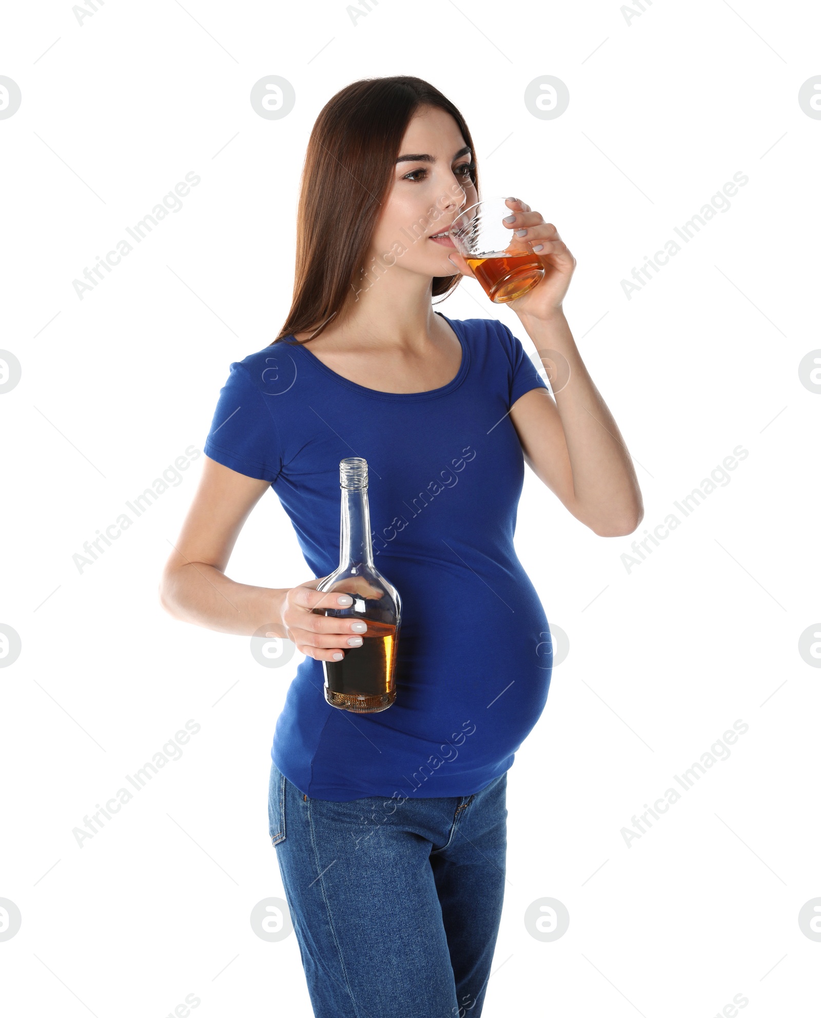 Photo of Future mother drinking alcohol on white background. Bad habits during pregnancy