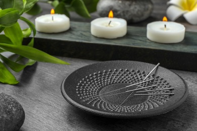 Photo of Plate with acupuncture needles on table