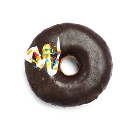 Photo of Sweet delicious glazed donut on white background, top view