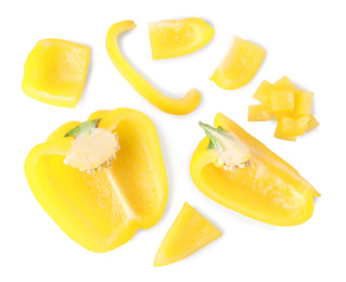 Photo of Juicy yellow bell peppers on white background