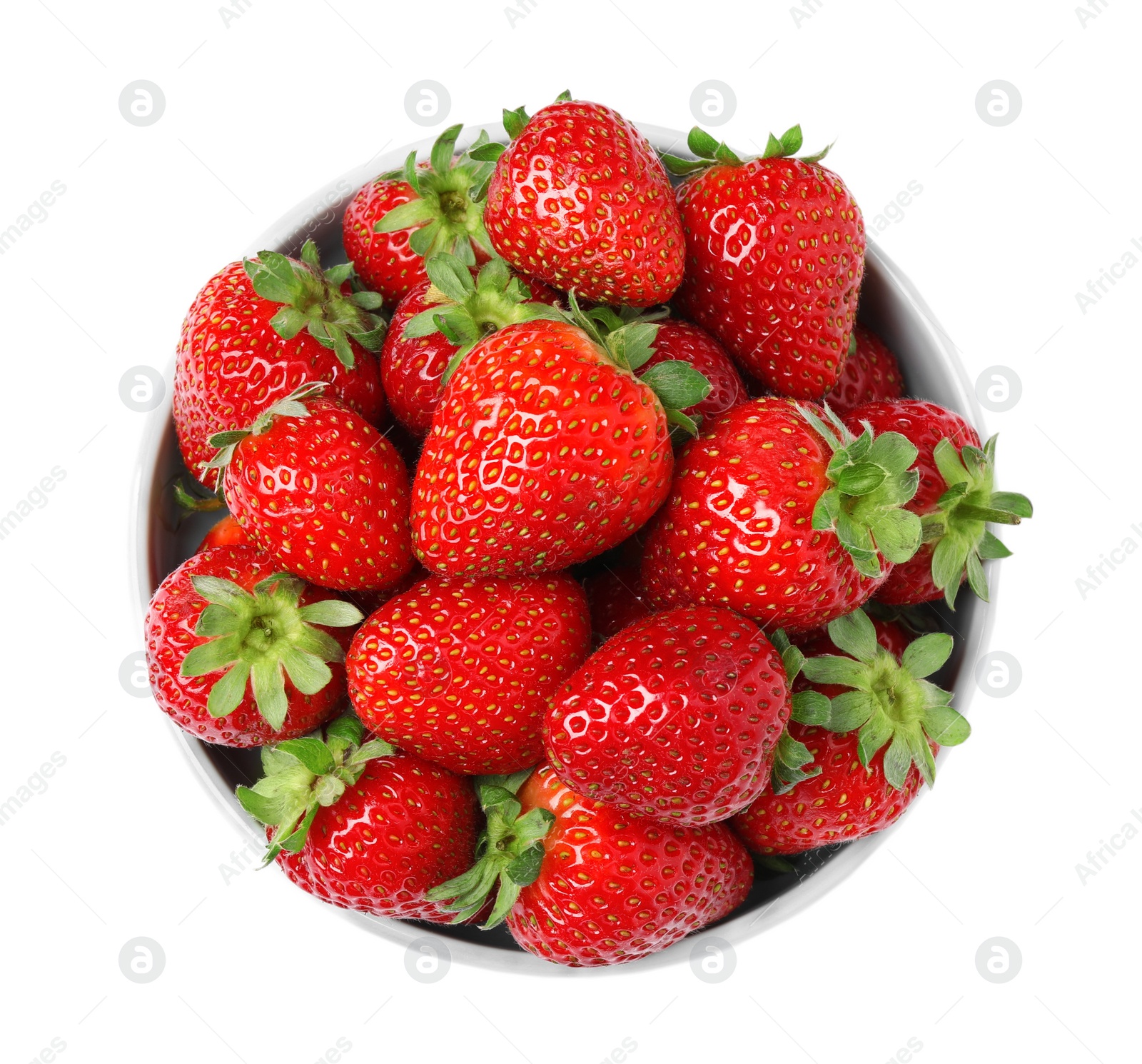 Photo of Fresh strawberries in bowl isolated on white, top view