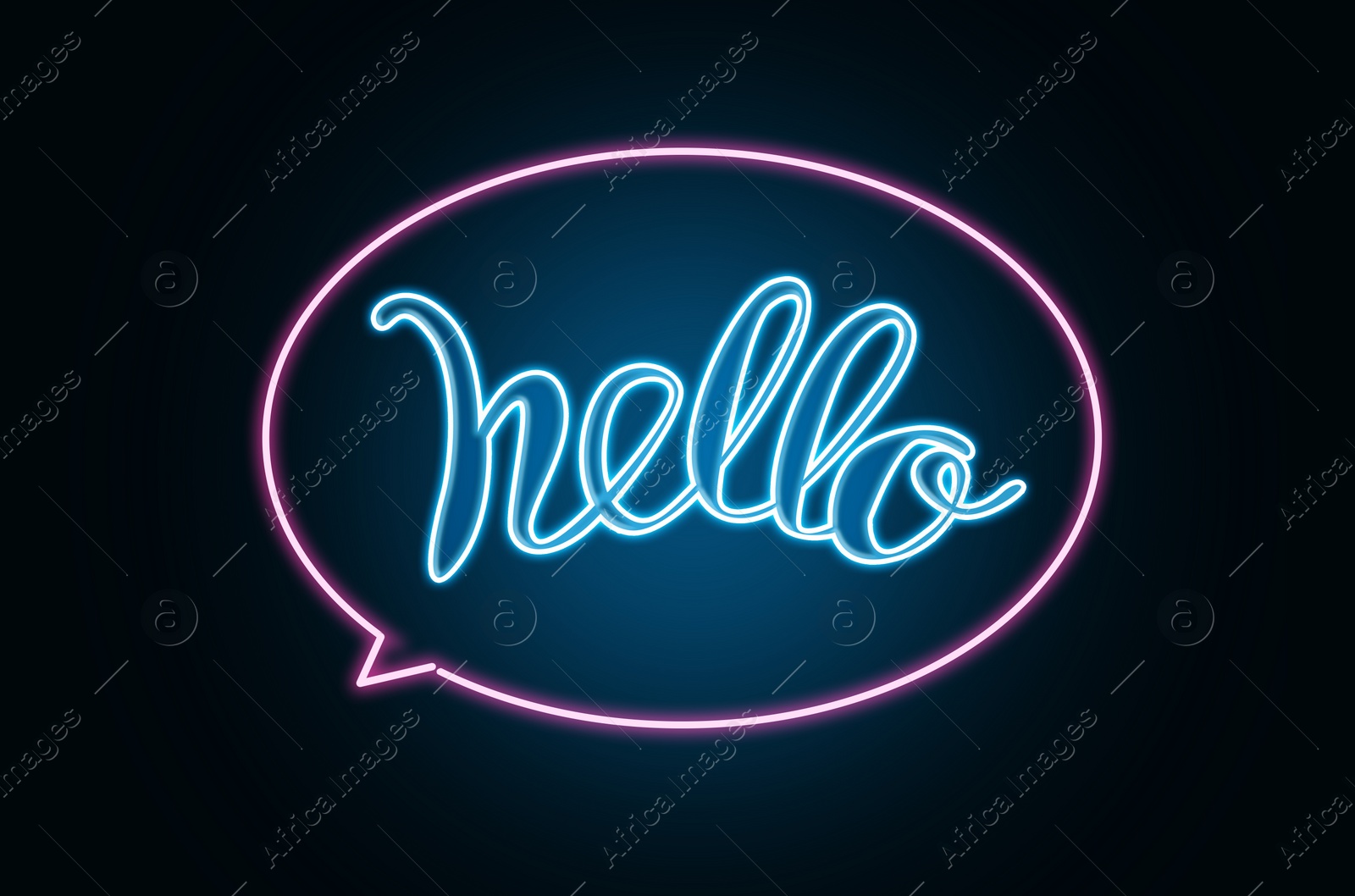 Image of Stylish neon sign with word Hello on dark background