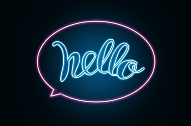 Image of Stylish neon sign with word Hello on dark background