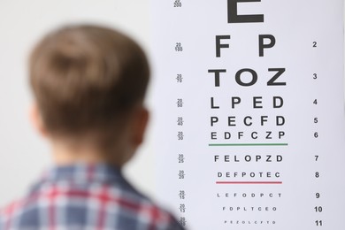 Photo of Eyesight examination. Little boy looking at vision test chart indoors, back view