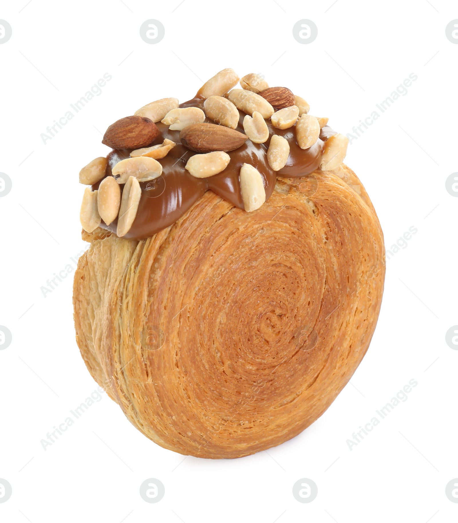 Photo of Round croissant with chocolate paste and nuts isolated on white. Tasty puff pastry