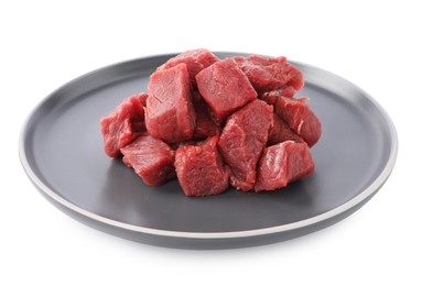 Photo of Pieces of raw beef meat isolated on white