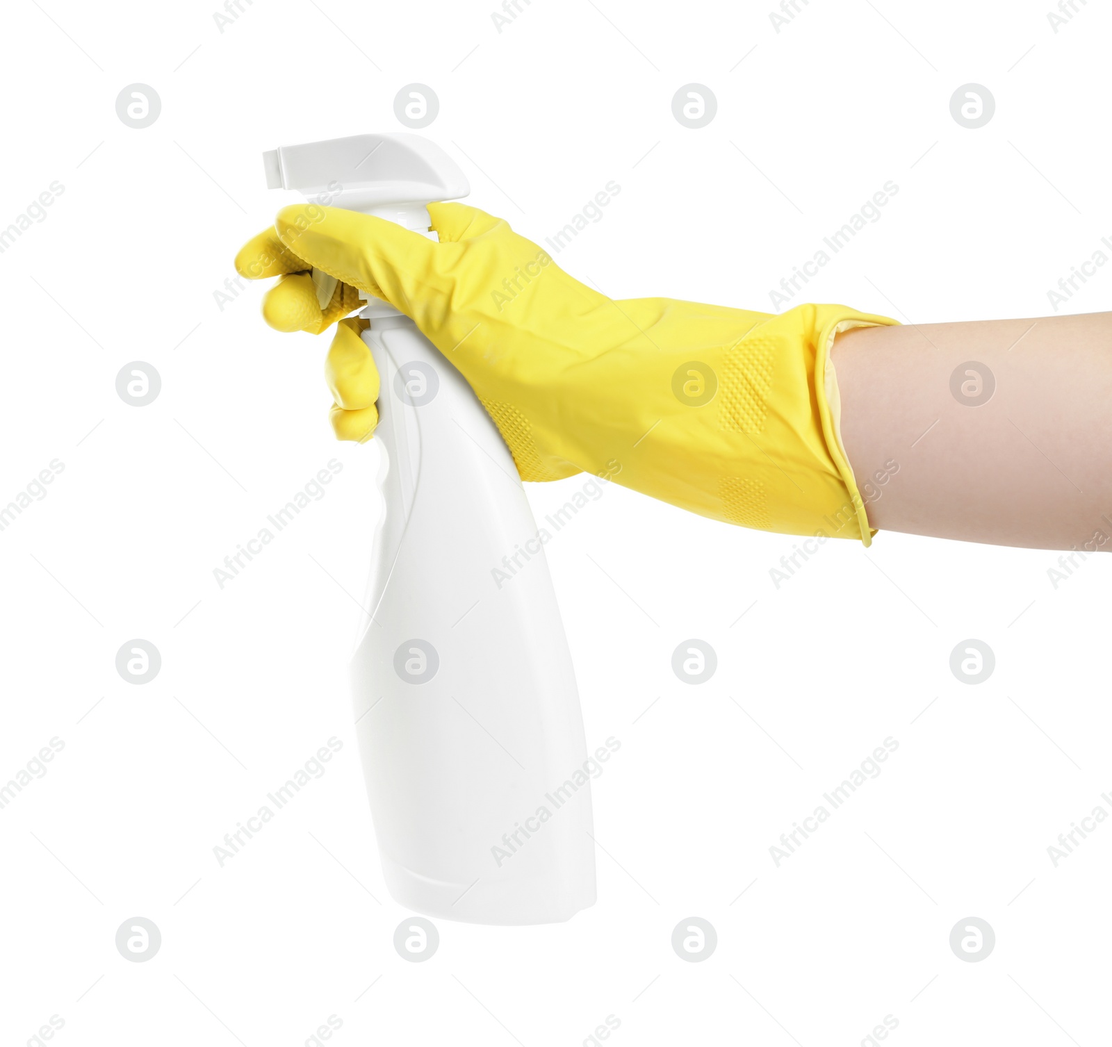 Photo of Person in rubber glove with detergent spray on white background, closeup of hand