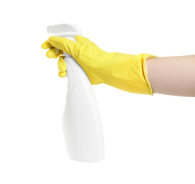 Photo of Person in rubber glove with detergent spray on white background, closeup of hand