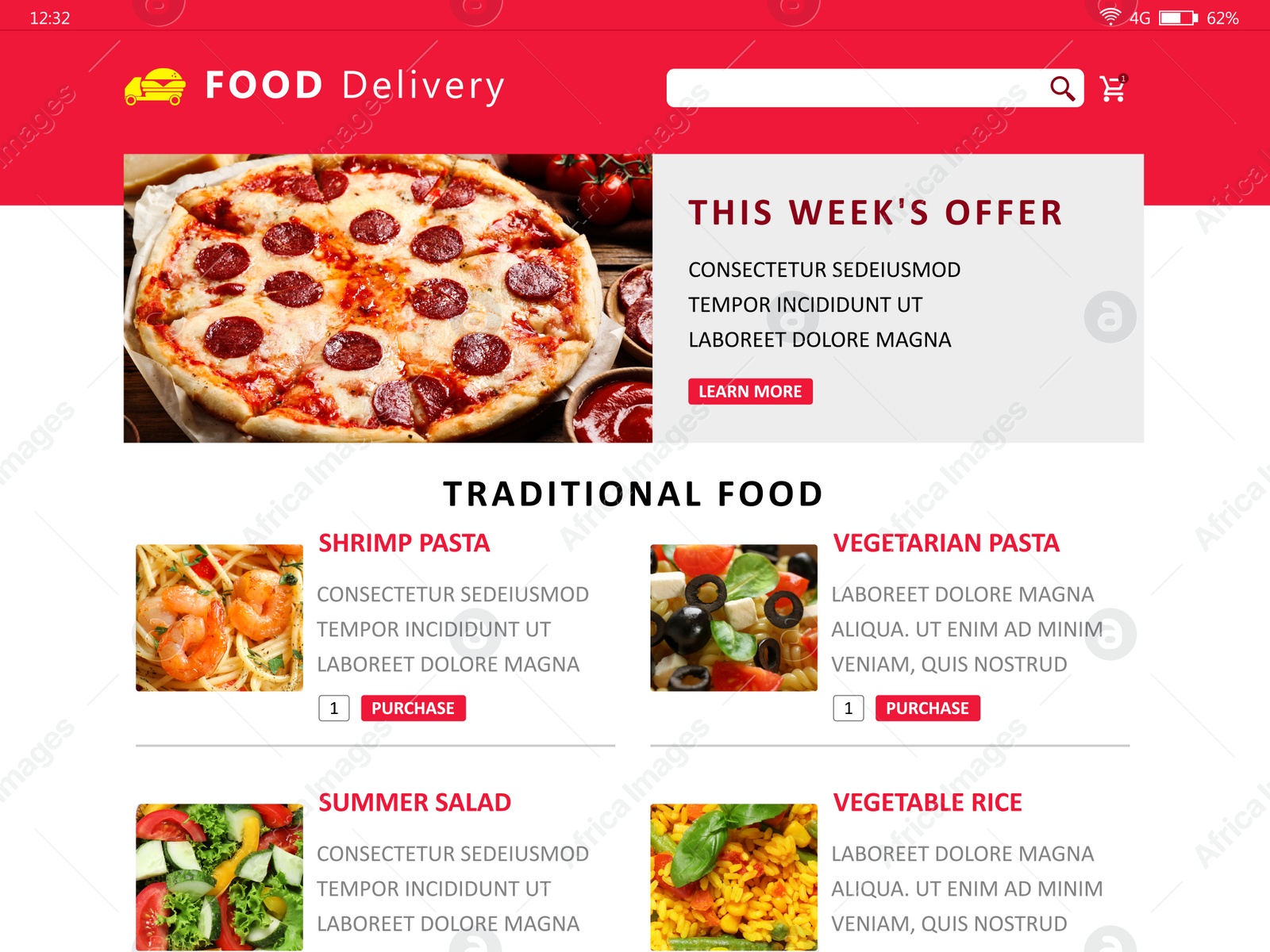 Image of Food delivery app. Display with appetizing menu