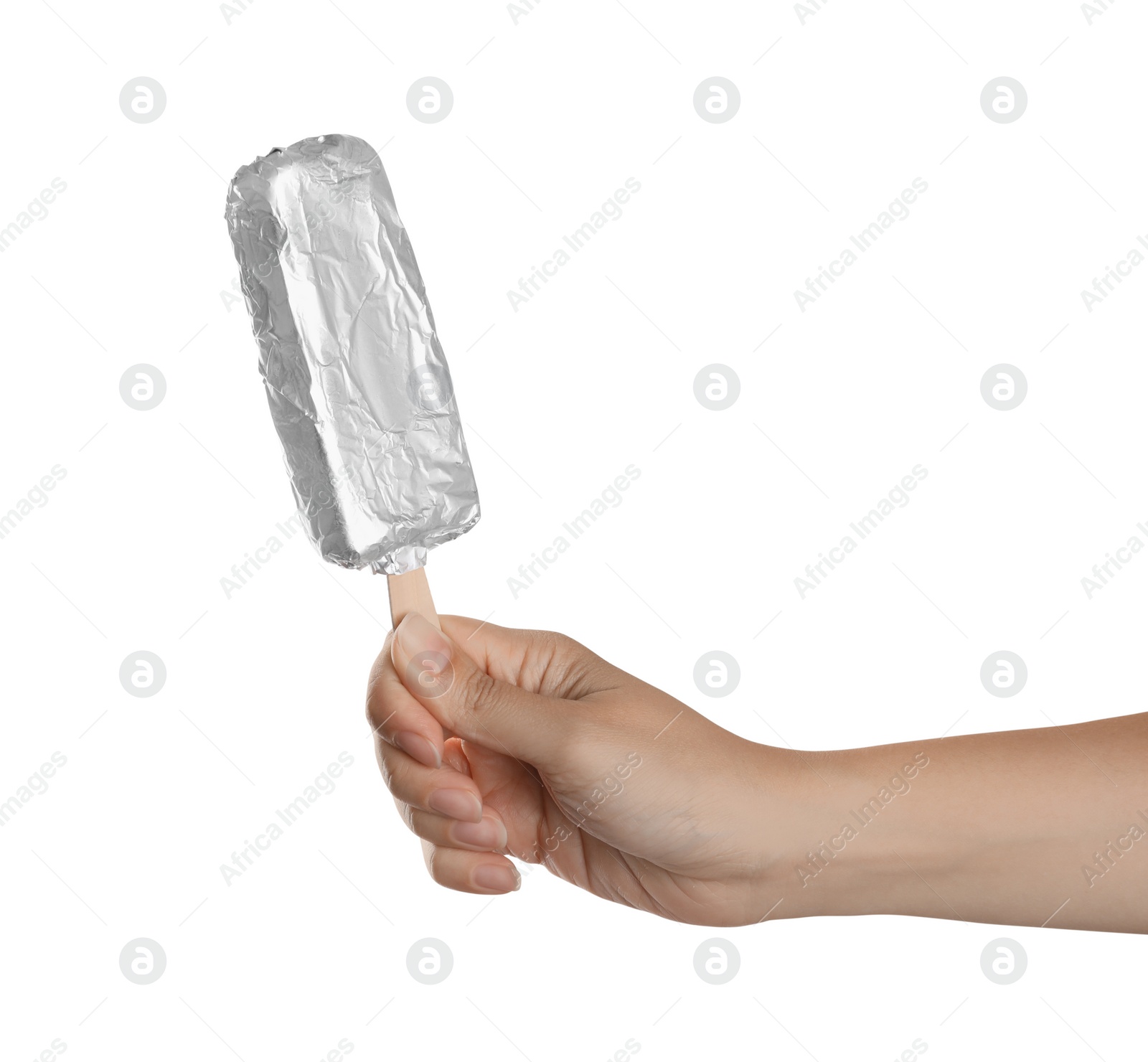 Photo of Woman holding ice cream wrapped in foil on white background, closeup