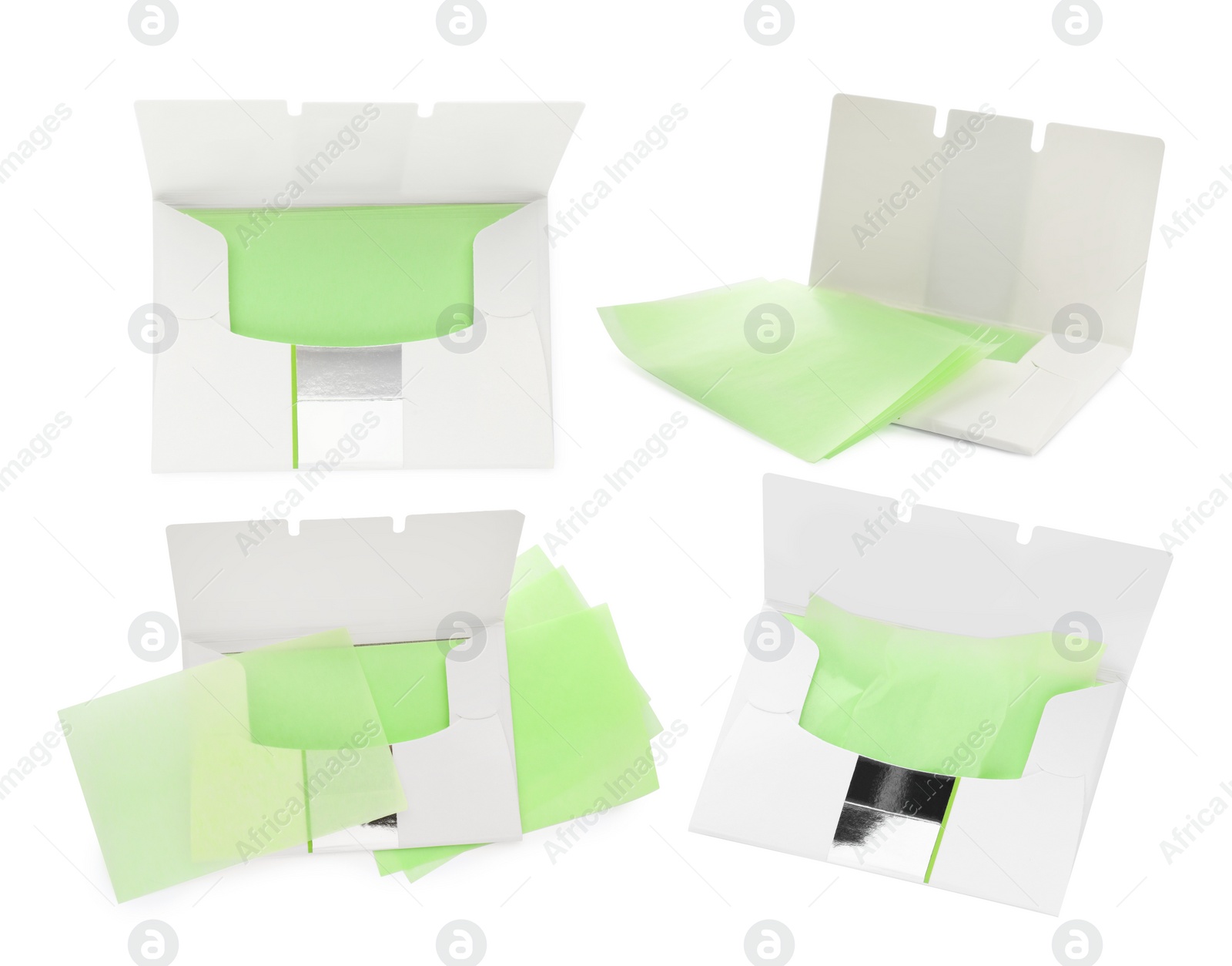 Image of Set with facial oil blotting tissues on white background. Mattifying wipes