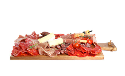 Wooden board with tasty ham and other delicacies isolated on white