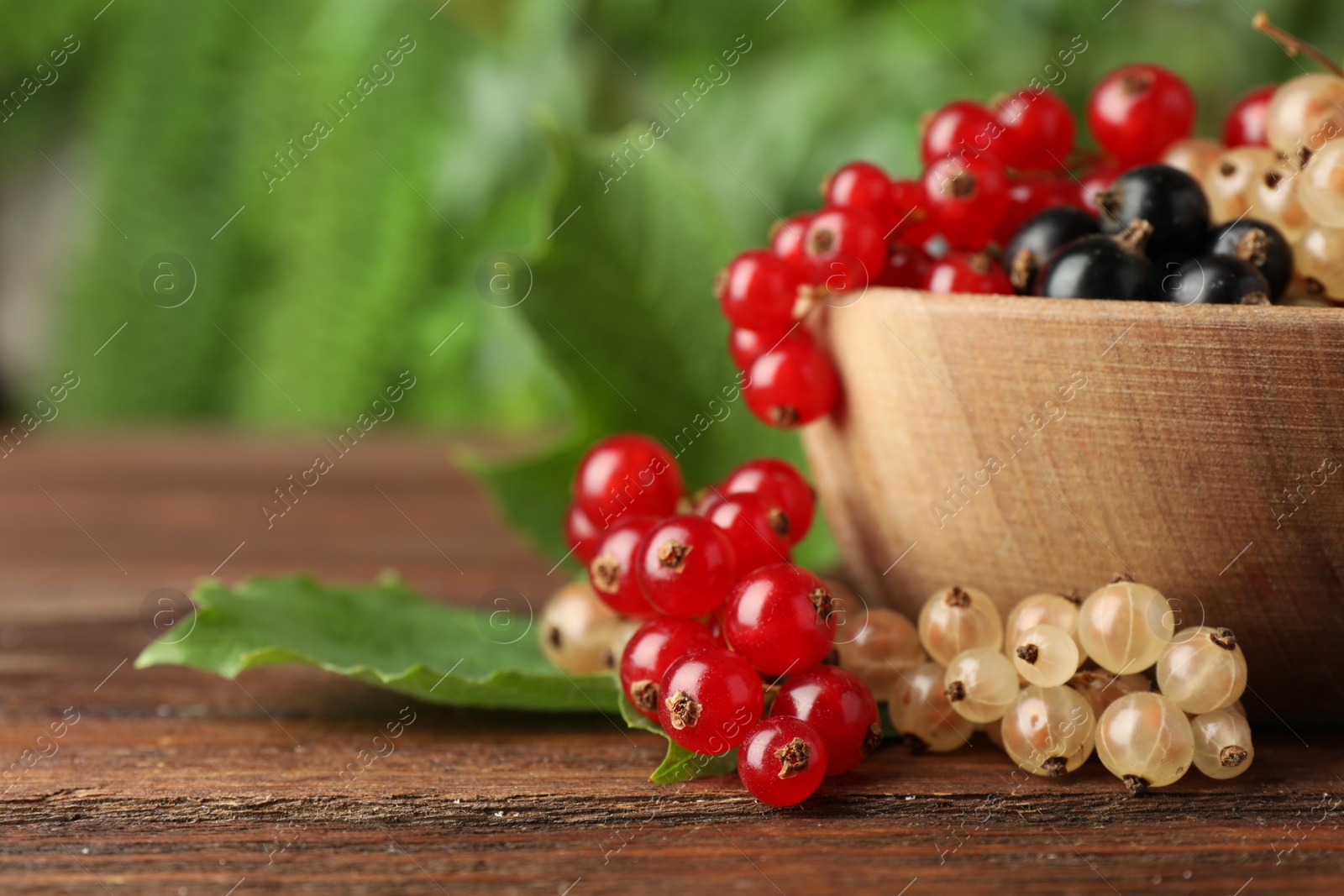 Photo of Different fresh ripe currants and green leaves on wooden table outdoors, closeup. Space for text