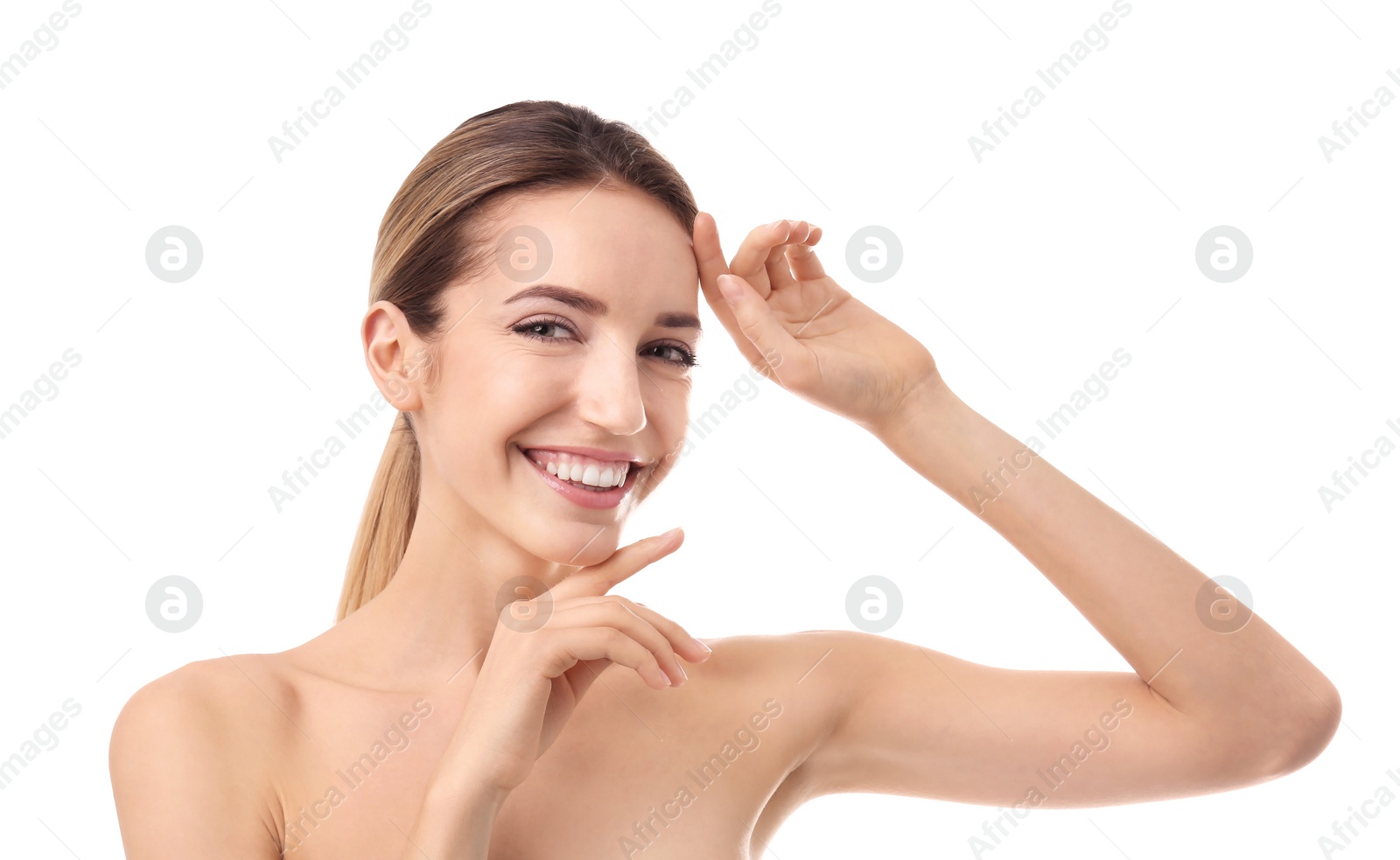 Photo of Beautiful young woman with silky skin on white background