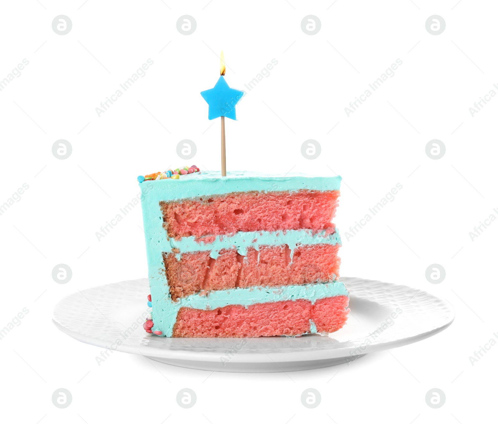 Photo of Slice of fresh delicious birthday cake with candle on white background