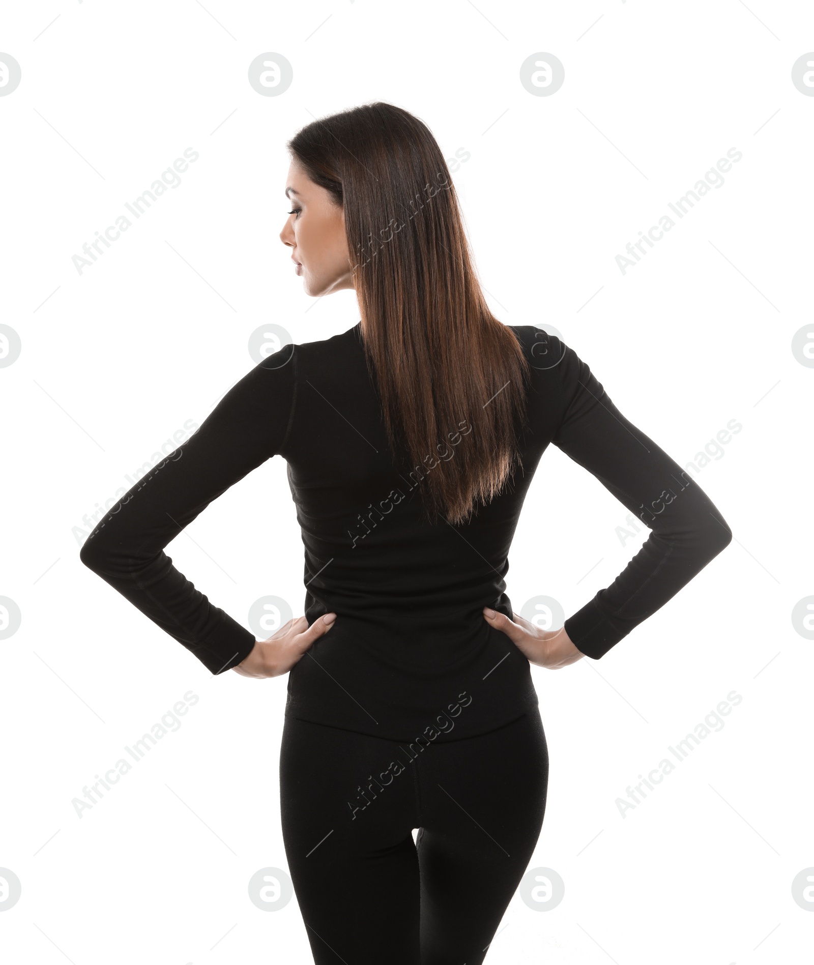 Photo of Woman wearing thermal underwear isolated on white, back view