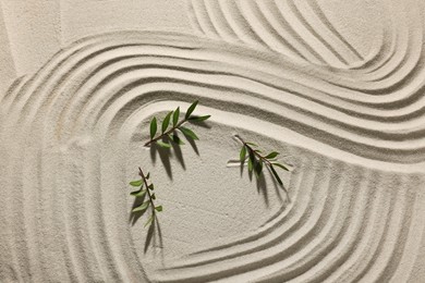Photo of Beautiful lines and branches on sand, above view. Zen garden
