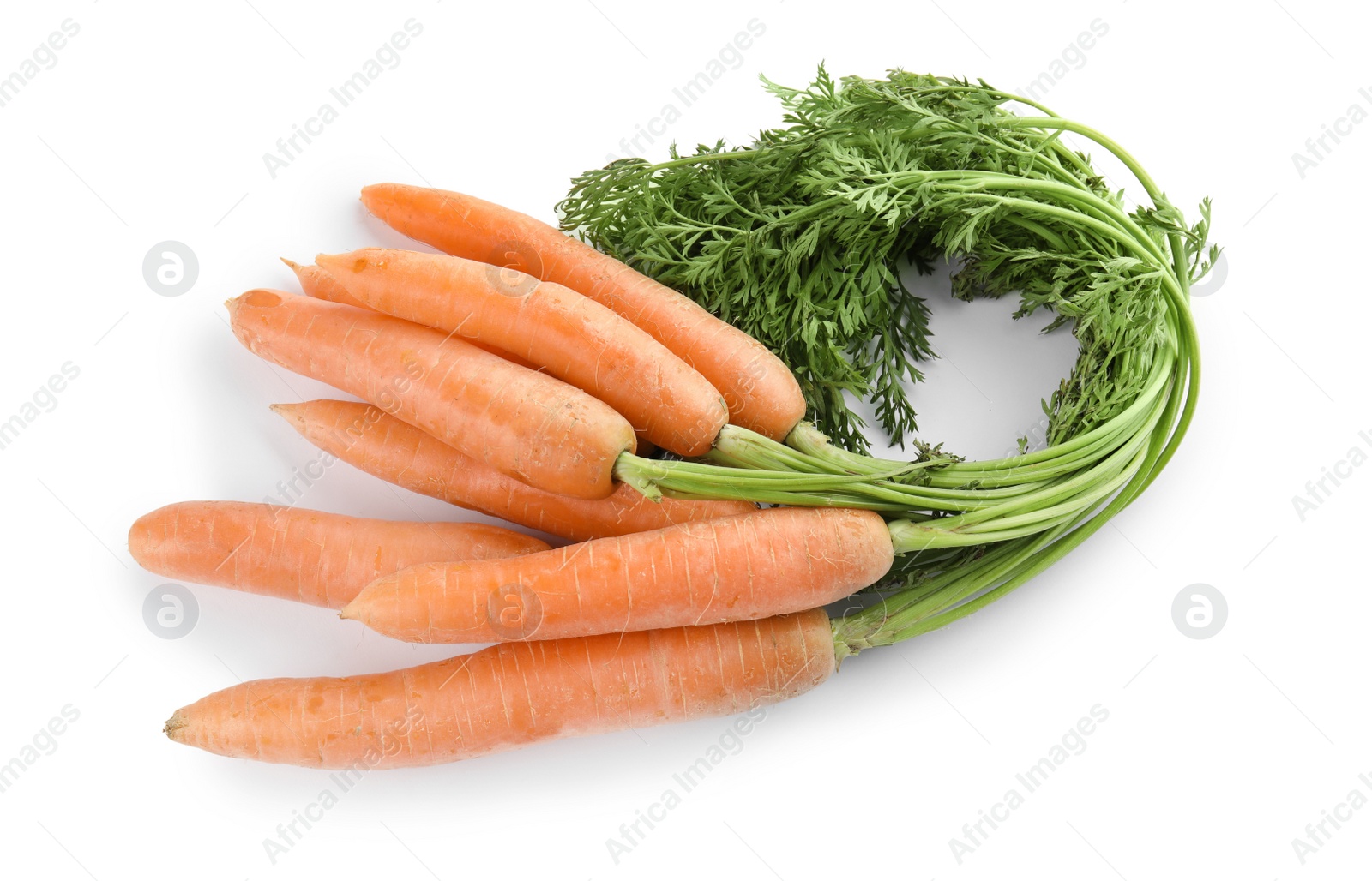 Photo of Ripe carrots on white background. Healthy diet