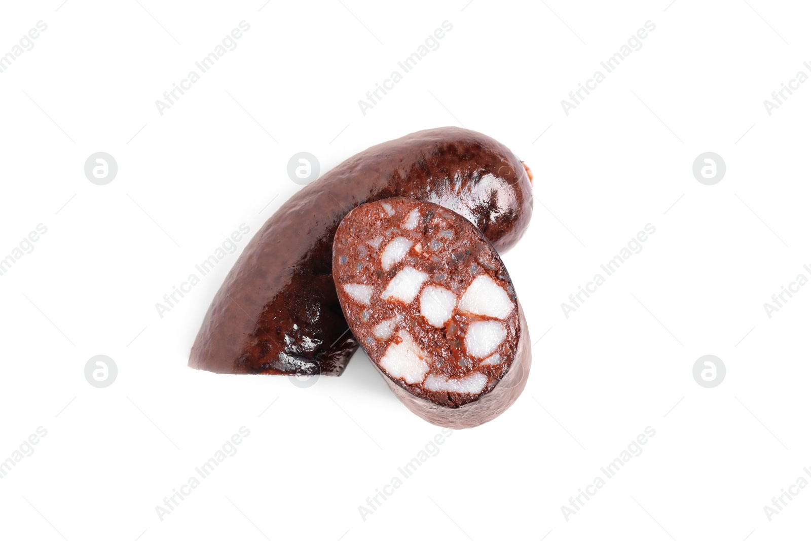 Photo of Cut tasty blood sausage on white background