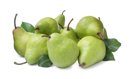 Heap of fresh ripe pears with green leaves on white background