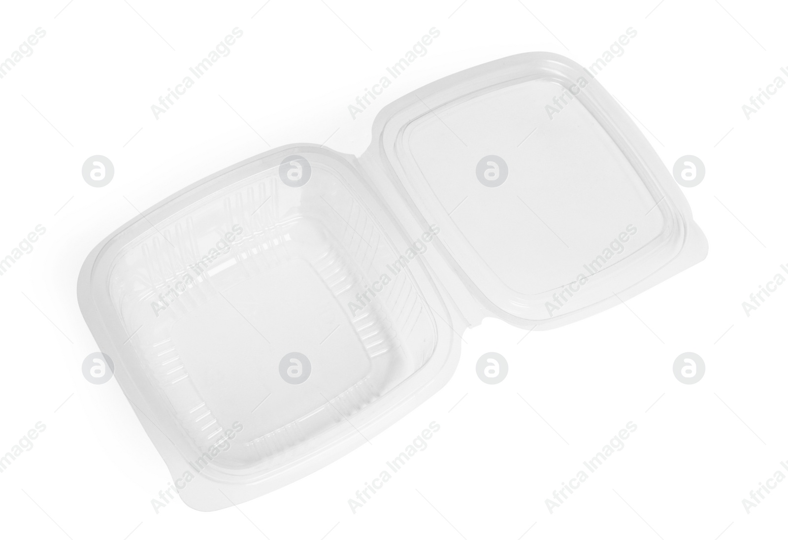 Photo of Empty plastic container for food isolated on white, above view