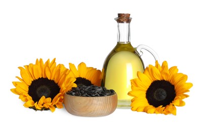 Sunflower cooking oil, seeds and yellow flowers on white background