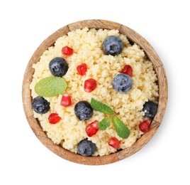 Bowl of tasty couscous with blueberries, pomegranate and mint isolated on white, top view