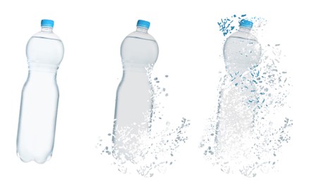 Image of Set with bottles of water vanishing on white background. Decomposition of plastic pollution, banner design
