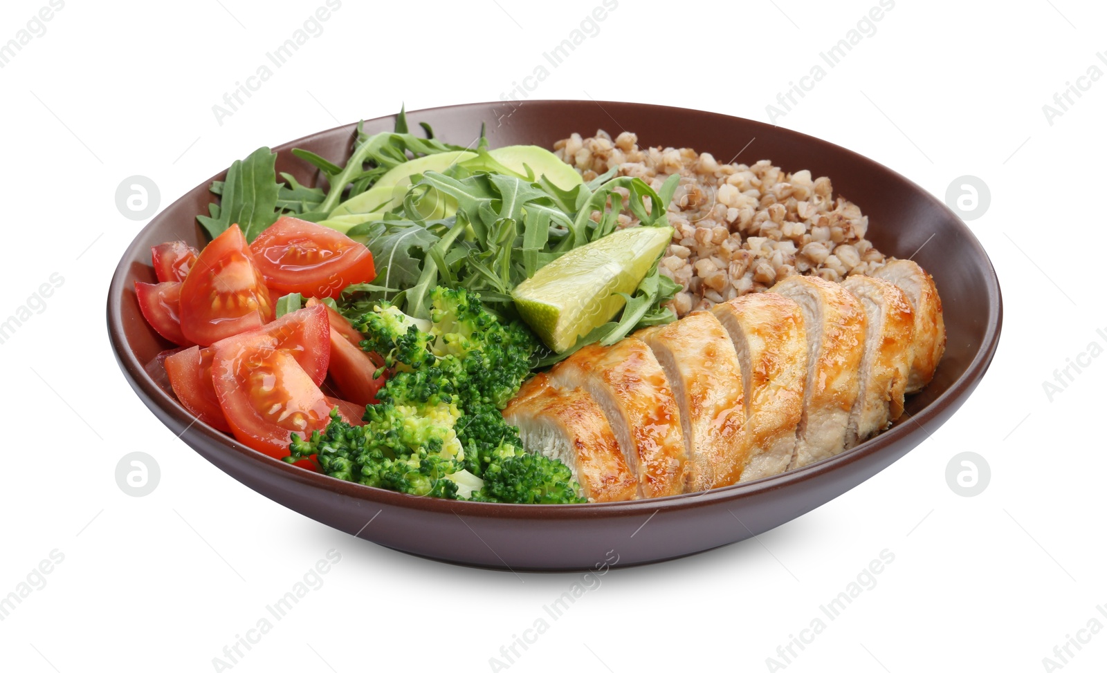 Photo of Healthy meal. Tasty vegetables, buckwheat and chicken breast in bowl isolated on white