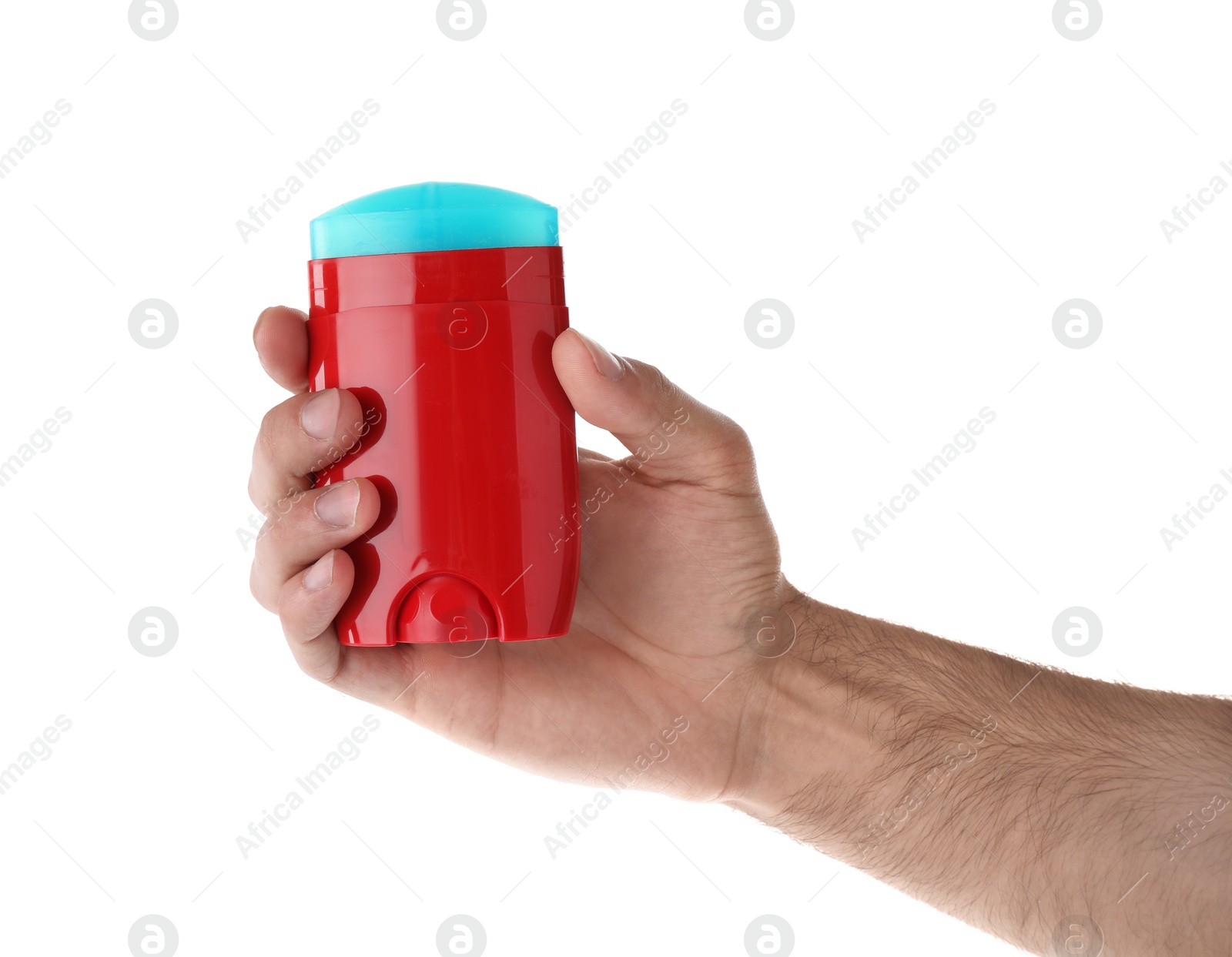 Photo of Man holding stick deodorant on white background, closeup