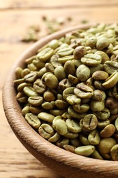 Photo of Green coffee beans in wooden bowl on table, closeup