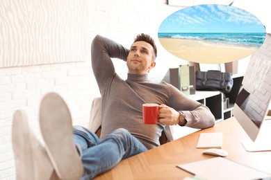 Young man dreaming about vacation at table in office