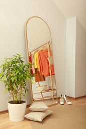 Photo of Stylish mirror, houseplant and pillows in room. Interior design