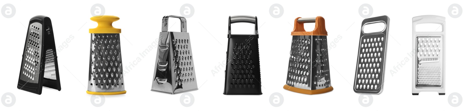 Image of Set with different graters on white background. Banner design