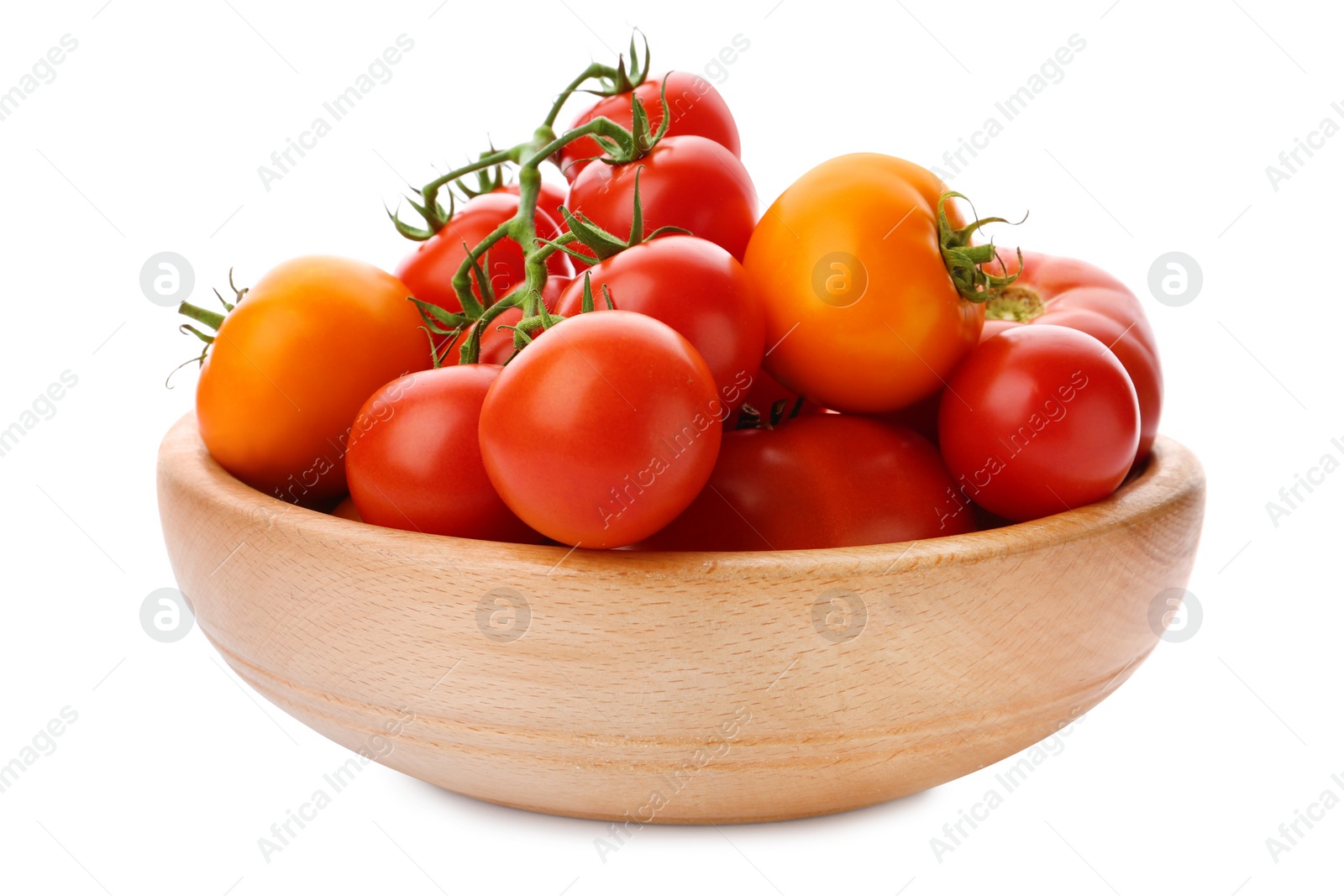 Photo of Fresh ripe tomatoes in wooden bowl on white background