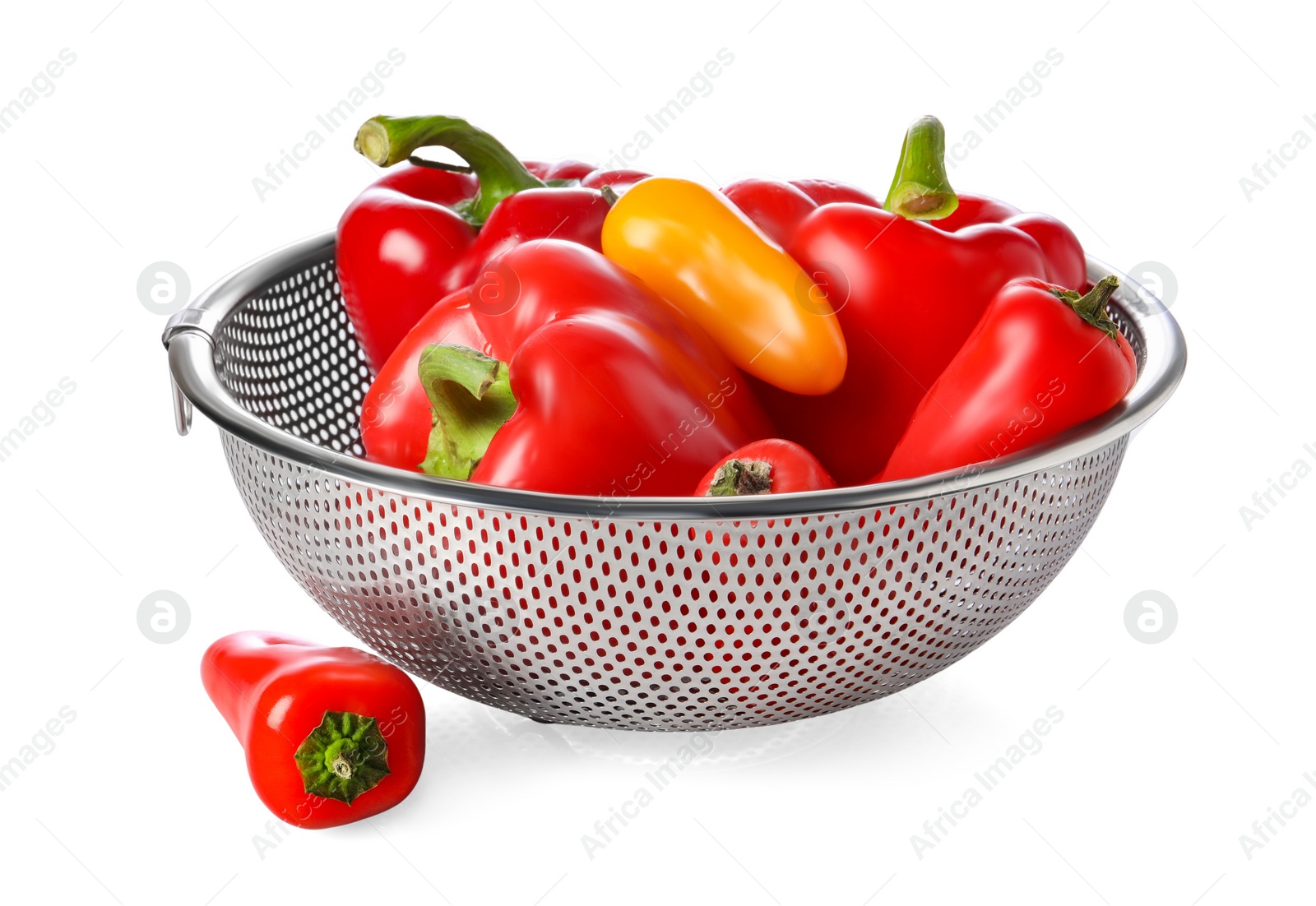 Photo of Colander with fresh bell peppers isolated on white