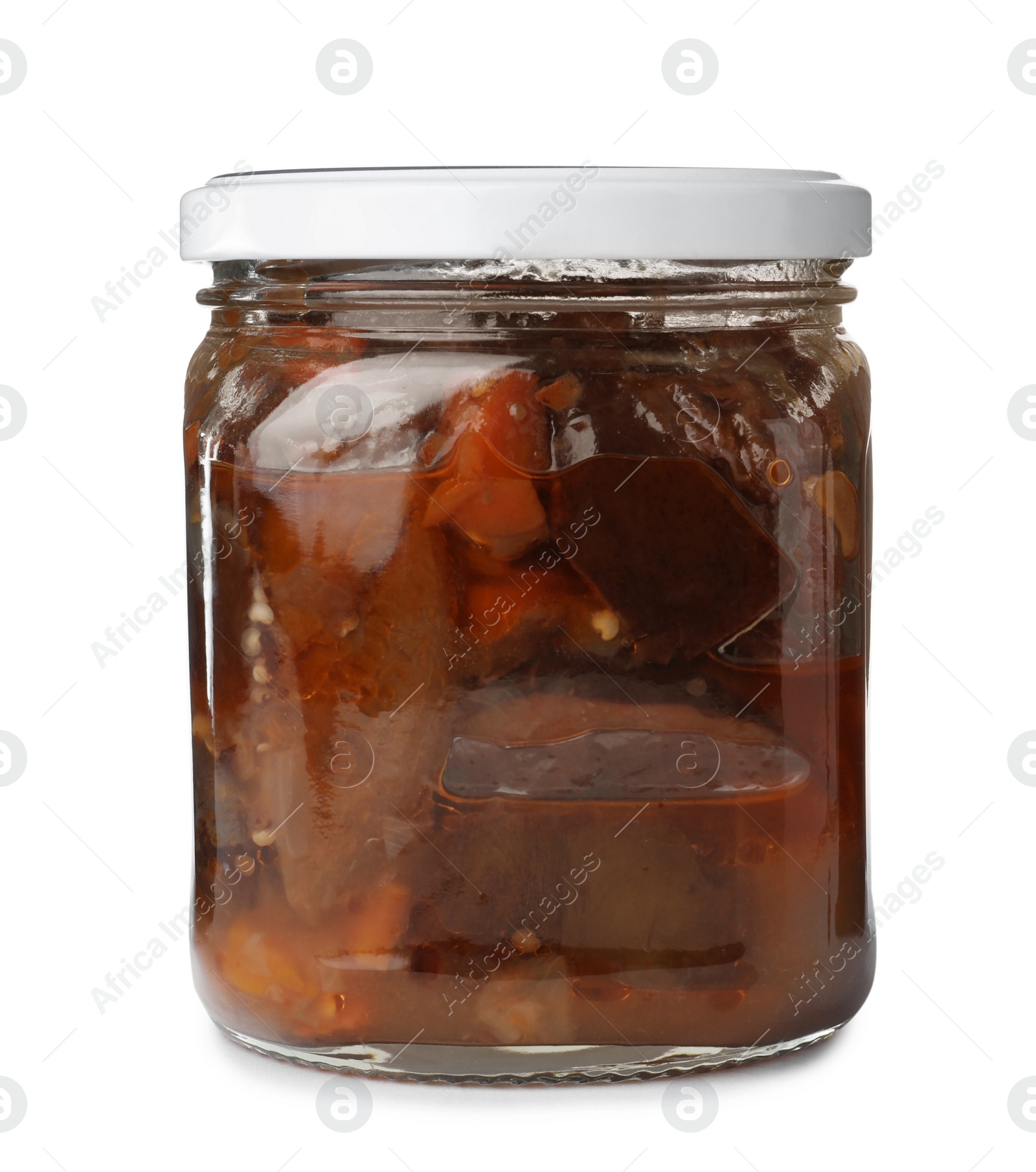 Photo of Jar with pickled eggplant slices on white background