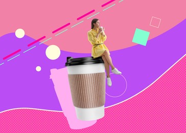 Image of Coffee to go. Woman sitting on takeaway paper cup with mug on color background, stylish artwork