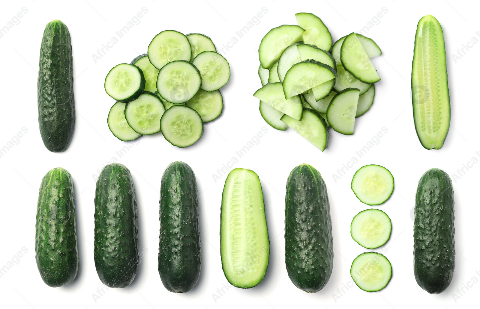 Image of Set with sliced cucumbers on white background, top view